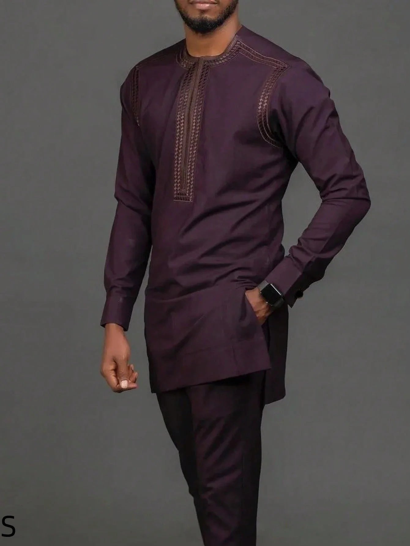 Vêtements pour hommes africains costume deux pièces pantalon ensemble col rond couture couleur unie manches longues Festival Style ethnique social