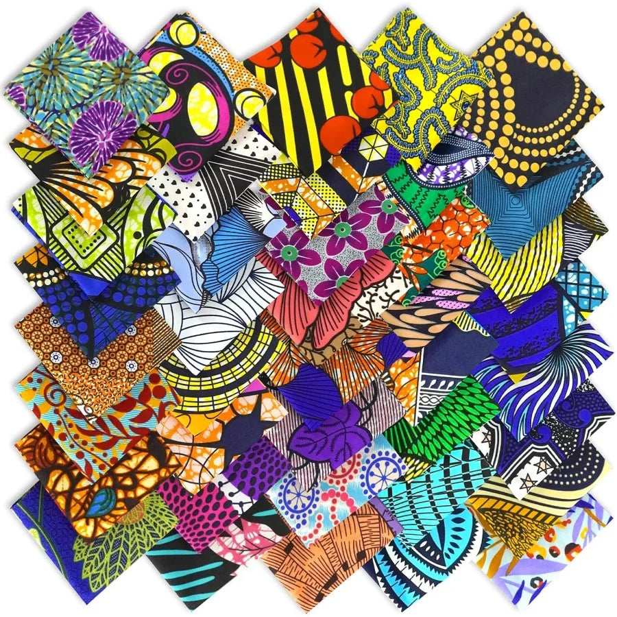 50 Pièces de Tissu Africain Imprimé Wax à Motifs Ethniques Pré-découpés pour la Couture, le Patchwork et les Projets Artisanaux, 3,9*3,9 Pouces