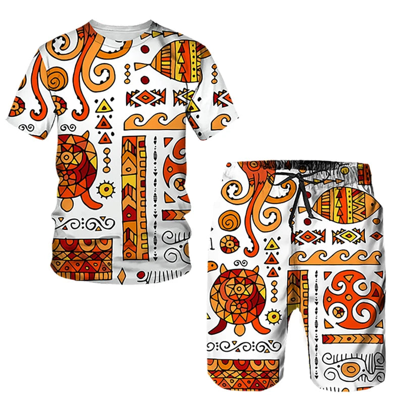 Ensembles de t-shirts et shorts College en 3D de style ethnique africain pour hommes, mode décontractée, t-shirt à manches courtes, olympiques pantalons, vêtements respirants