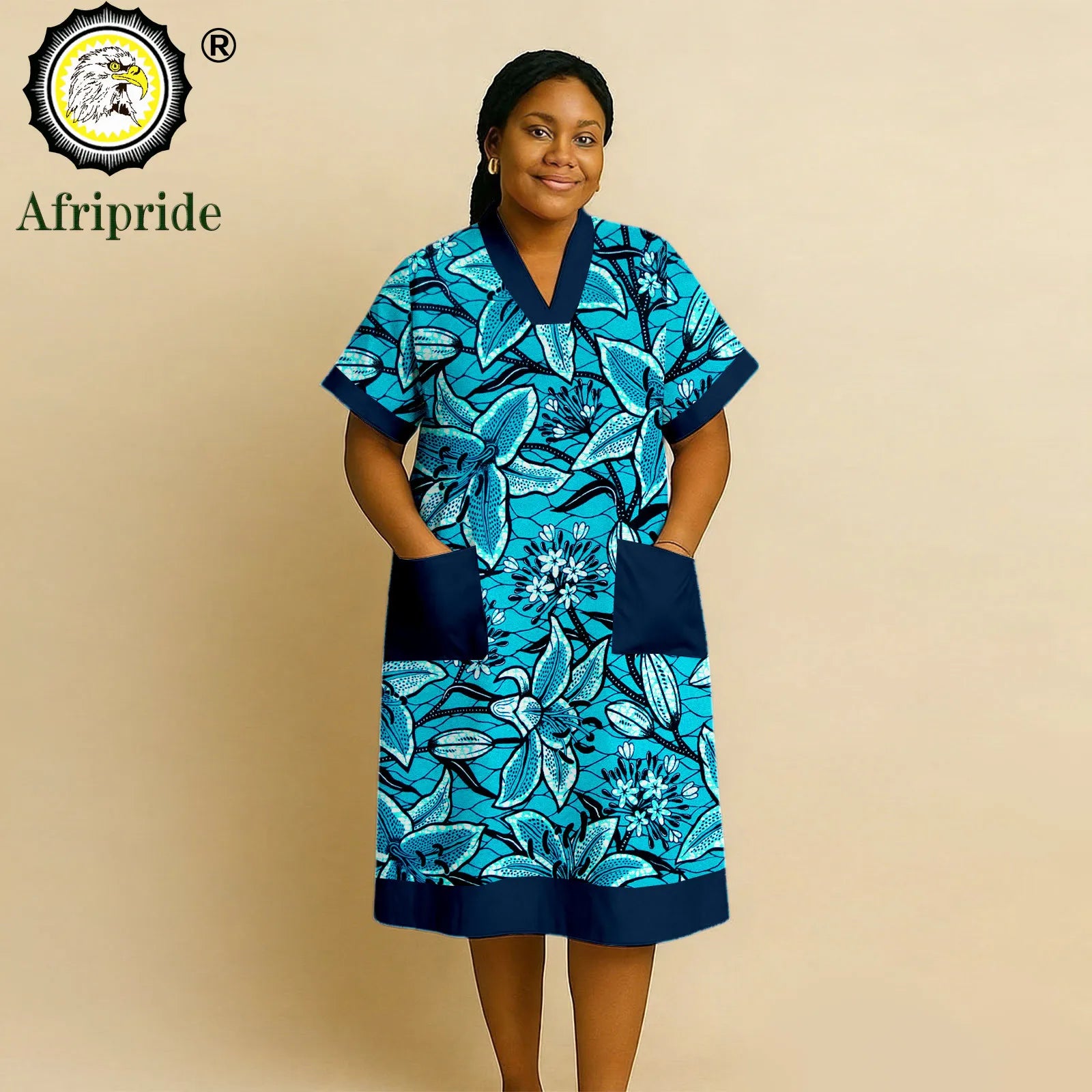 African Dresses for Women Short Sleeve V-Neck High Waist Pocket Elegant Fashion Ankara Attire Floral Printed Dresses 2625032