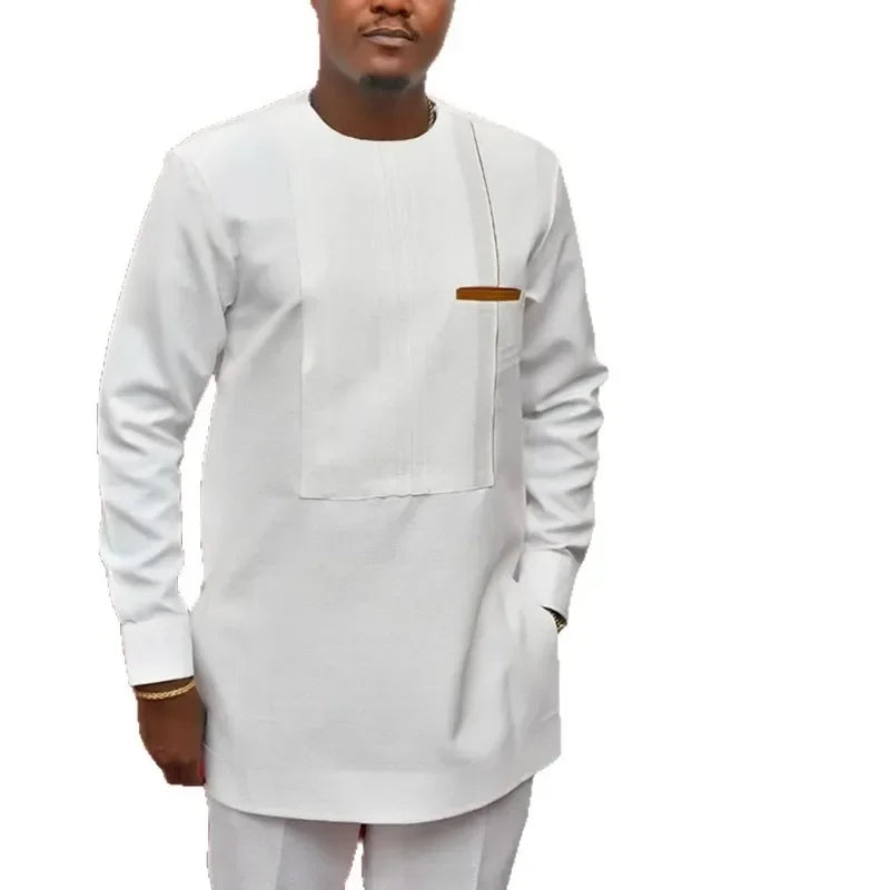 Vêtements africains 2 pièces pour hommes, mode automne, manches longues, col rond, haut blanc, pantalon Long, ensembles assortis, vêtements africains