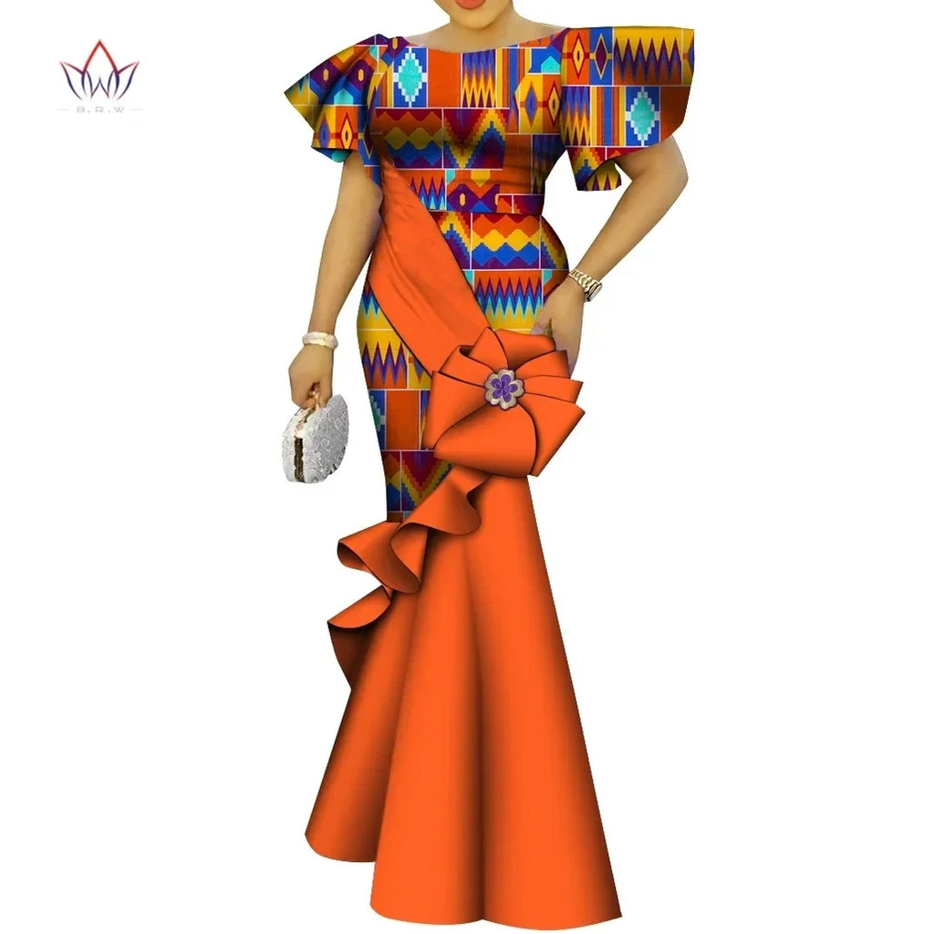 African Women's Dress Elegant Ladies Evening Gowns Ankara Long Robes Flower Dresses Vestidos Church Dresses for Women WY9498