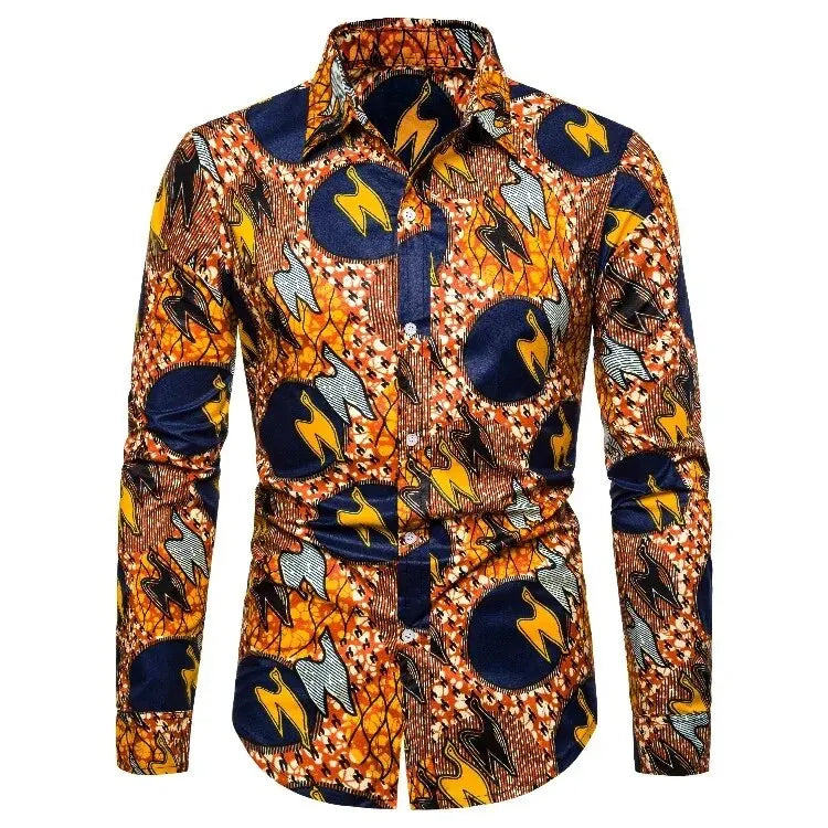 Chemises pour hommes imprimées traditionnelles africaines chemisiers décontractés à simple boutonnage chemise à manches longues Streetwear tendance hauts à revers vêtements pour hommes