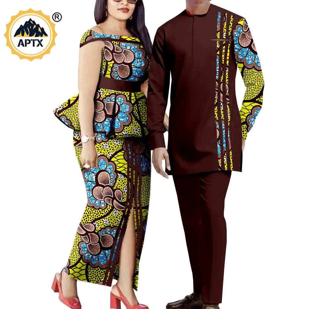 Tenues de couple assorties pour hommes, ensembles chemises et pantalons, robes africaines Dashiki pour femmes, haut et jupes fendues pour mariage, Y23C006