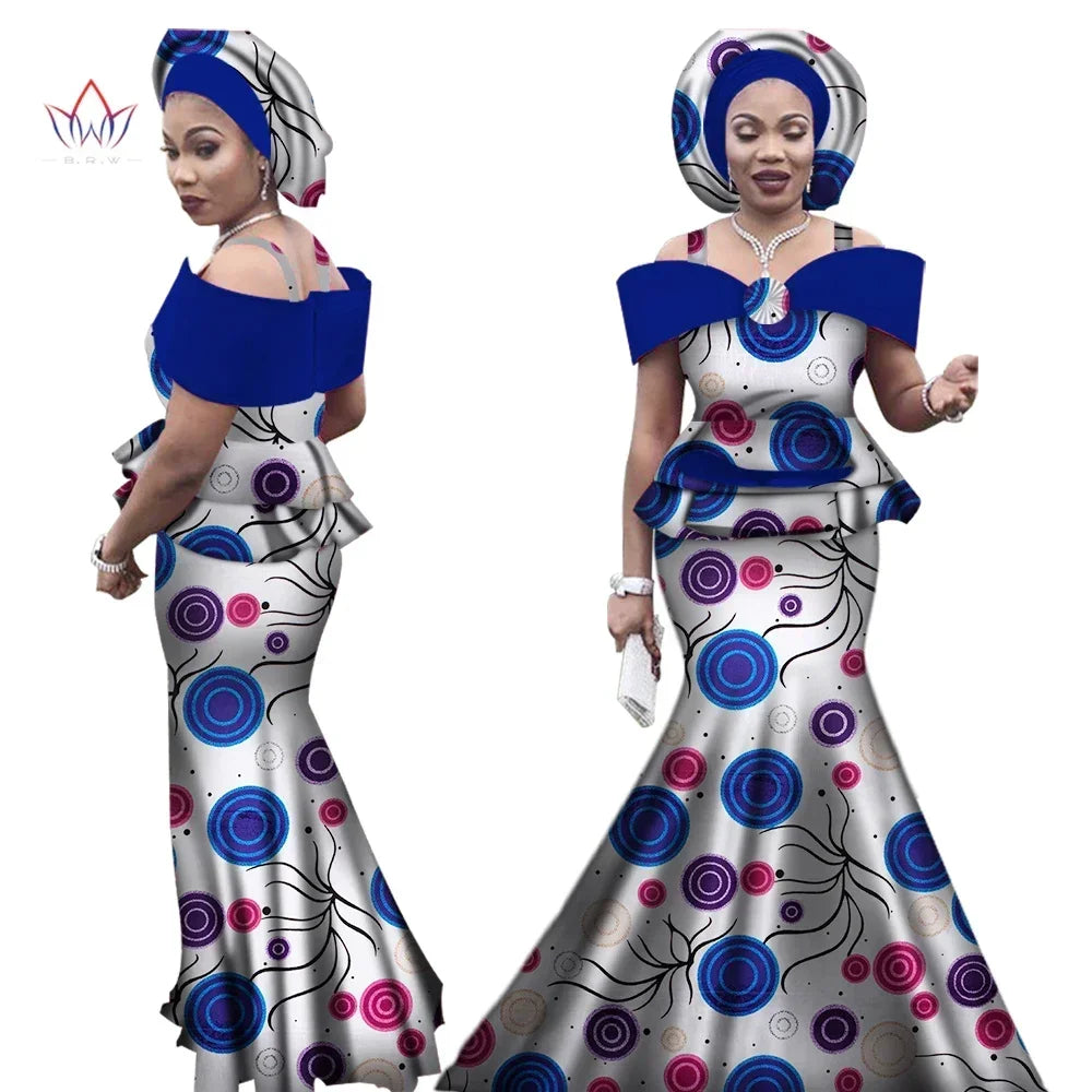 African Outfits with Headtie for Women Dashiki Bazin Print Strap Tops and Long Skirts Women Set African Clothing WY3113
