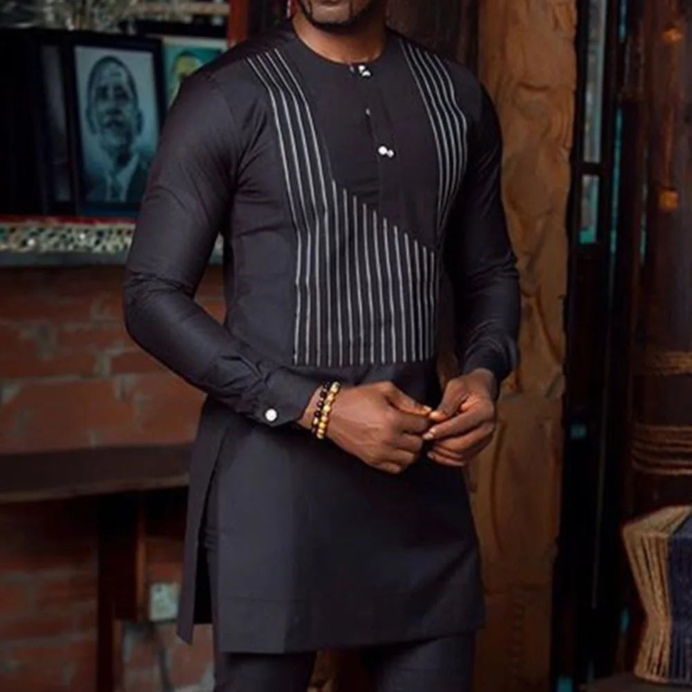 Costume traditionnel africain pour homme, chemise à manches longues de style ethnique imprimée et patchwork, pantalon décontracté, ensemble 2 pièces pour les vacances