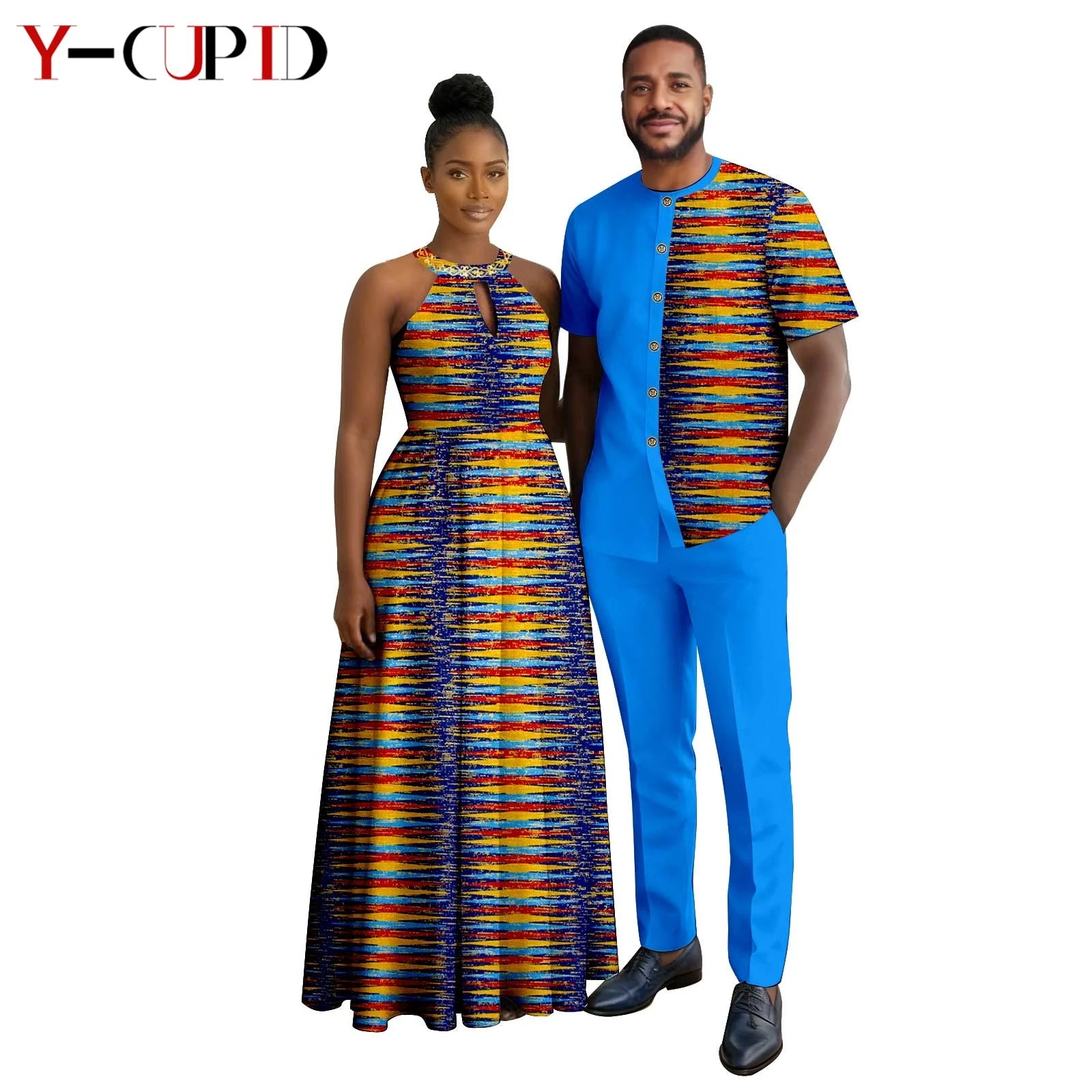 Robes africaines à imprimé Halter pour femmes, tenues assorties pour hommes, ensembles chemise et pantalon, vêtements de couple africains pour fête 26C005