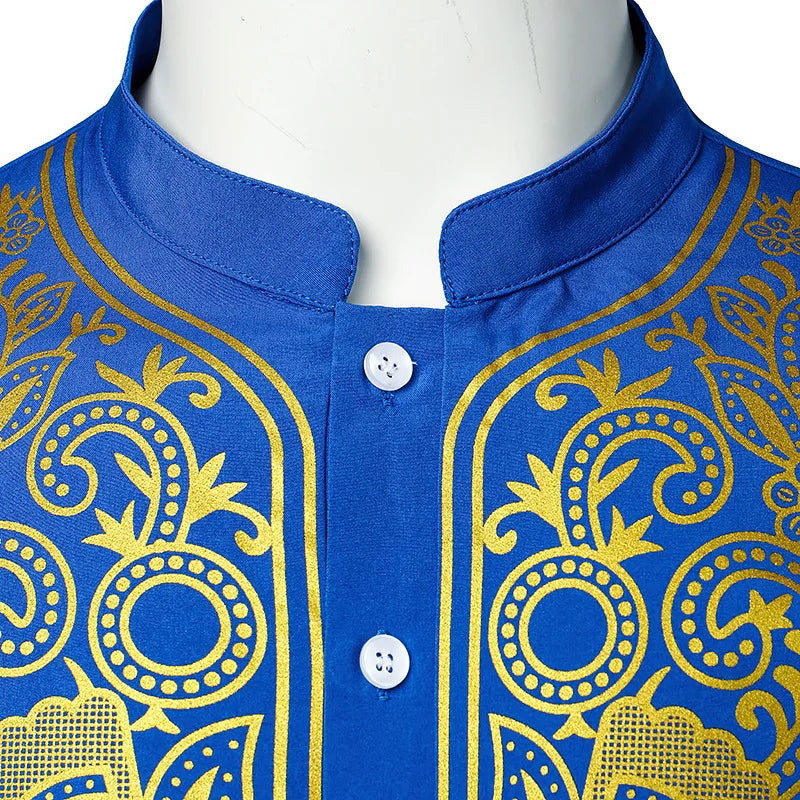 Abaya islamique arabe pour hommes Robe imprimé ethnique col montant chemise mi-longue pour jeunes manteau de luxe vêtements décontractés pour hommes musulmans à la mode