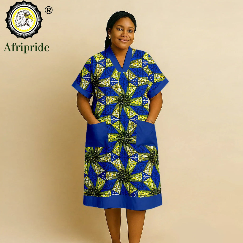 African Dresses for Women Short Sleeve V-Neck High Waist Pocket Elegant Fashion Ankara Attire Floral Printed Dresses 2625032