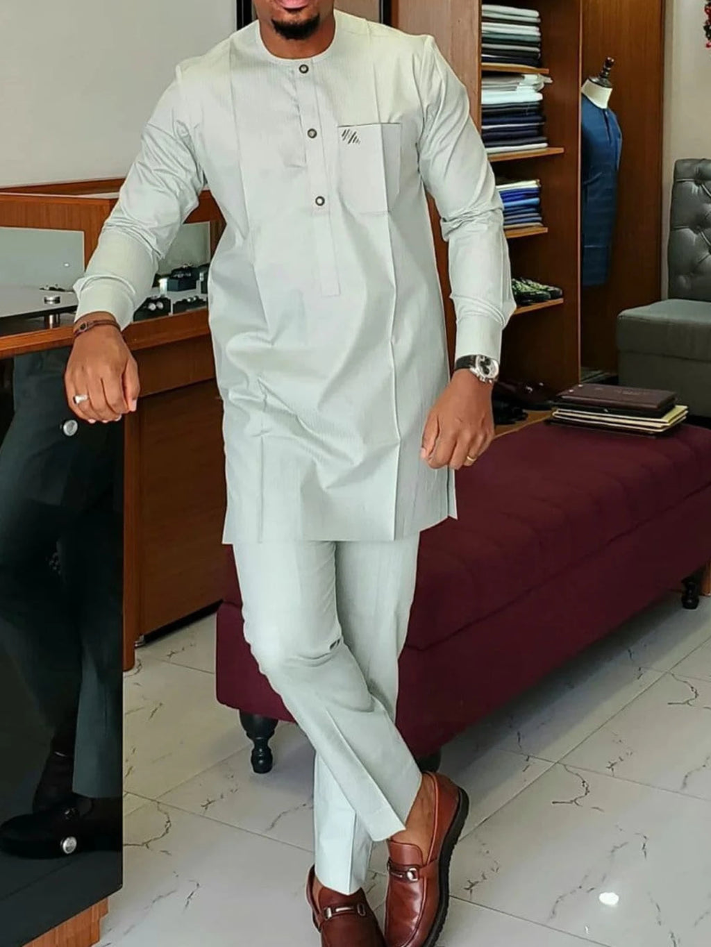 Chemise africaine pour hommes, tenues de fête, poches ethniques, épissage, Simple, manches longues, col rond, chemisier, pantalon, costume deux pièces