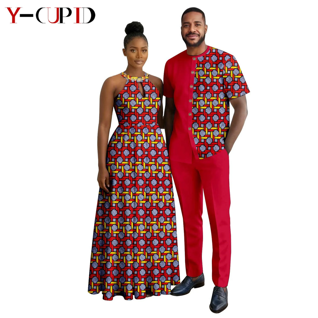 Robes africaines à imprimé Halter pour femmes, tenues assorties pour hommes, ensembles chemise et pantalon, vêtements de couple africains pour fête 26C005