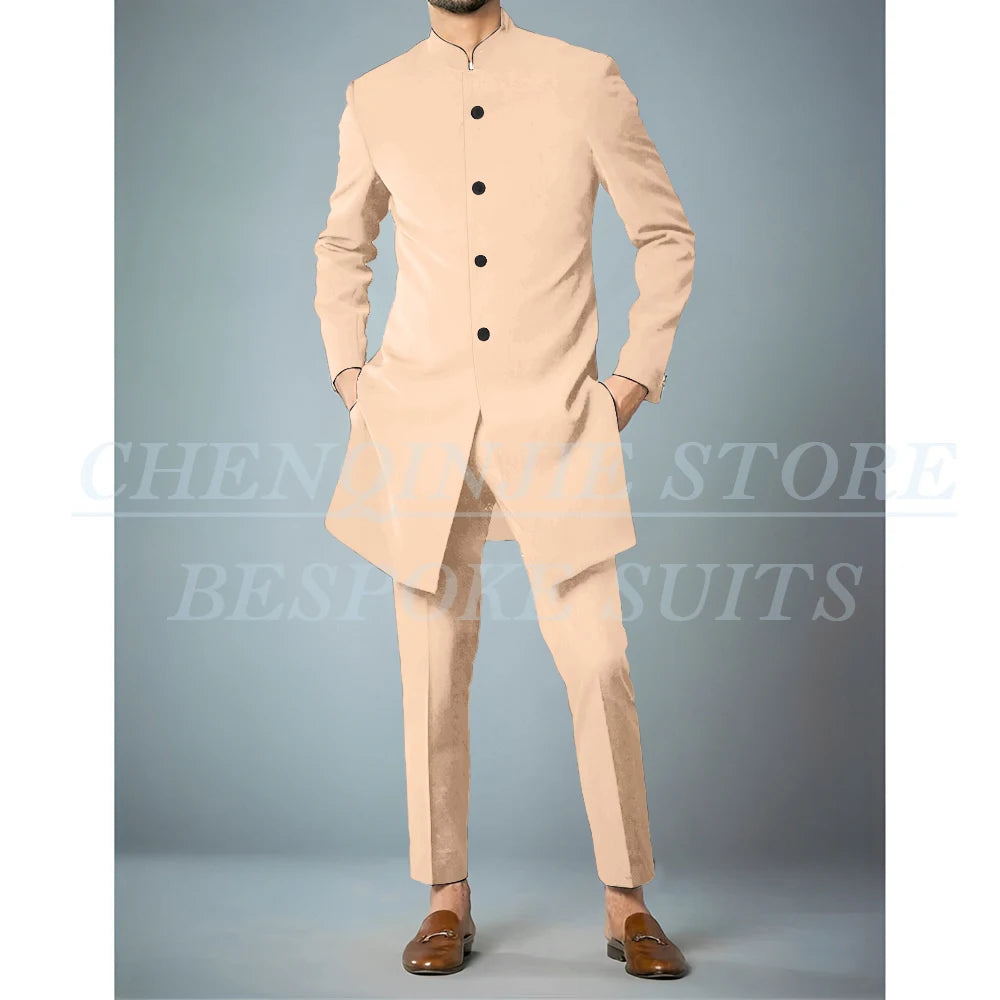 Costumes africains à simple boutonnage pour hommes, vêtements masculins de haute qualité, veste et pantalon, coupe couvertes, revers debout, bleu marine, tenues 2 pièces