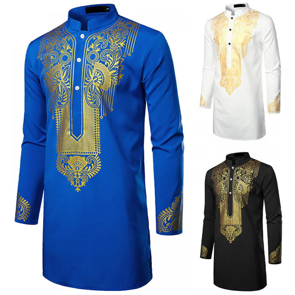 Chemise africaine traditionnelle pour hommes, imprimé fleurs dorées, chemise à manches longues, tenues ethniques décontractées, Streetwear africain de mariage