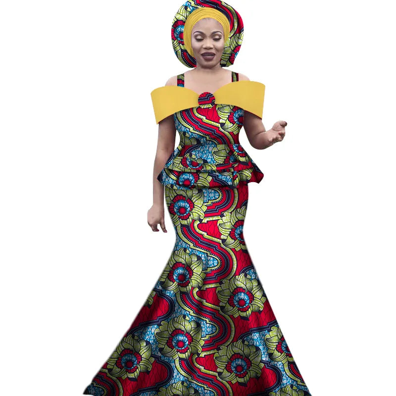African Outfits with Headtie for Women Dashiki Bazin Print Strap Tops and Long Skirts Women Set African Clothing WY3113
