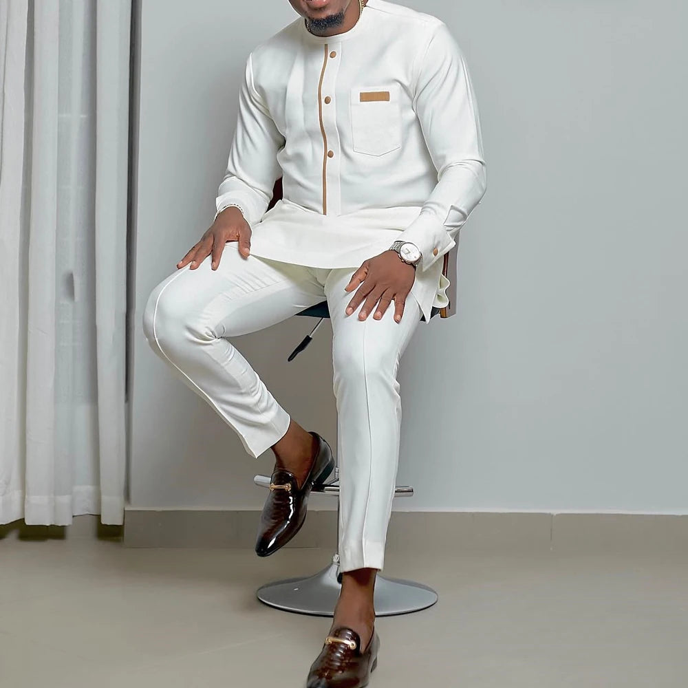 Ensemble Kaftan pour homme, costume Kaunda, haut à col rond à manches longues, pantalon, tenue traditionnelle africaine pour homme, ensemble de vêtements 2 pièces, ensembles de mariage, décontracté