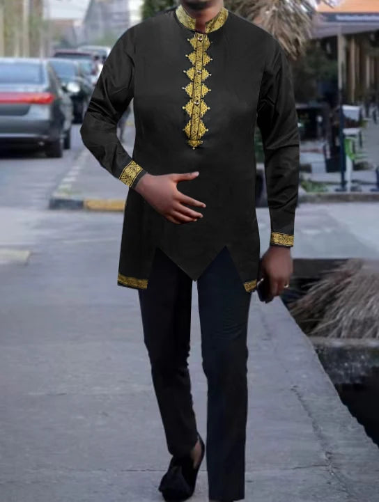 Chemise africaine à manches longues pour hommes, chemise à col chinois imprimé en métal doré, ensemble deux pièces pour Festival National traditionnel de mariage