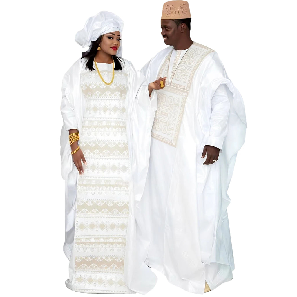 Robes africaines pour Couples, robes traditionnelles brodées Bazin, longueur au sol, avec écharpe, Design de Couple