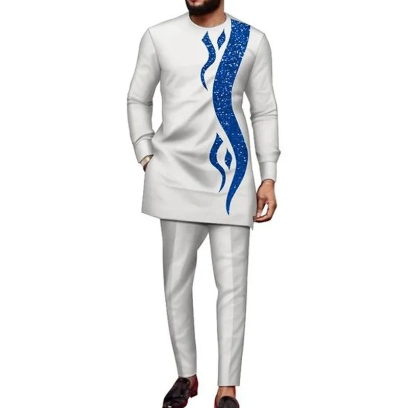 Costume de mariage traditionnel africain musulman pour homme, ensemble 2 pièces, haut à col rond à manches longues et pantalon, tenue formelle pour le marié118