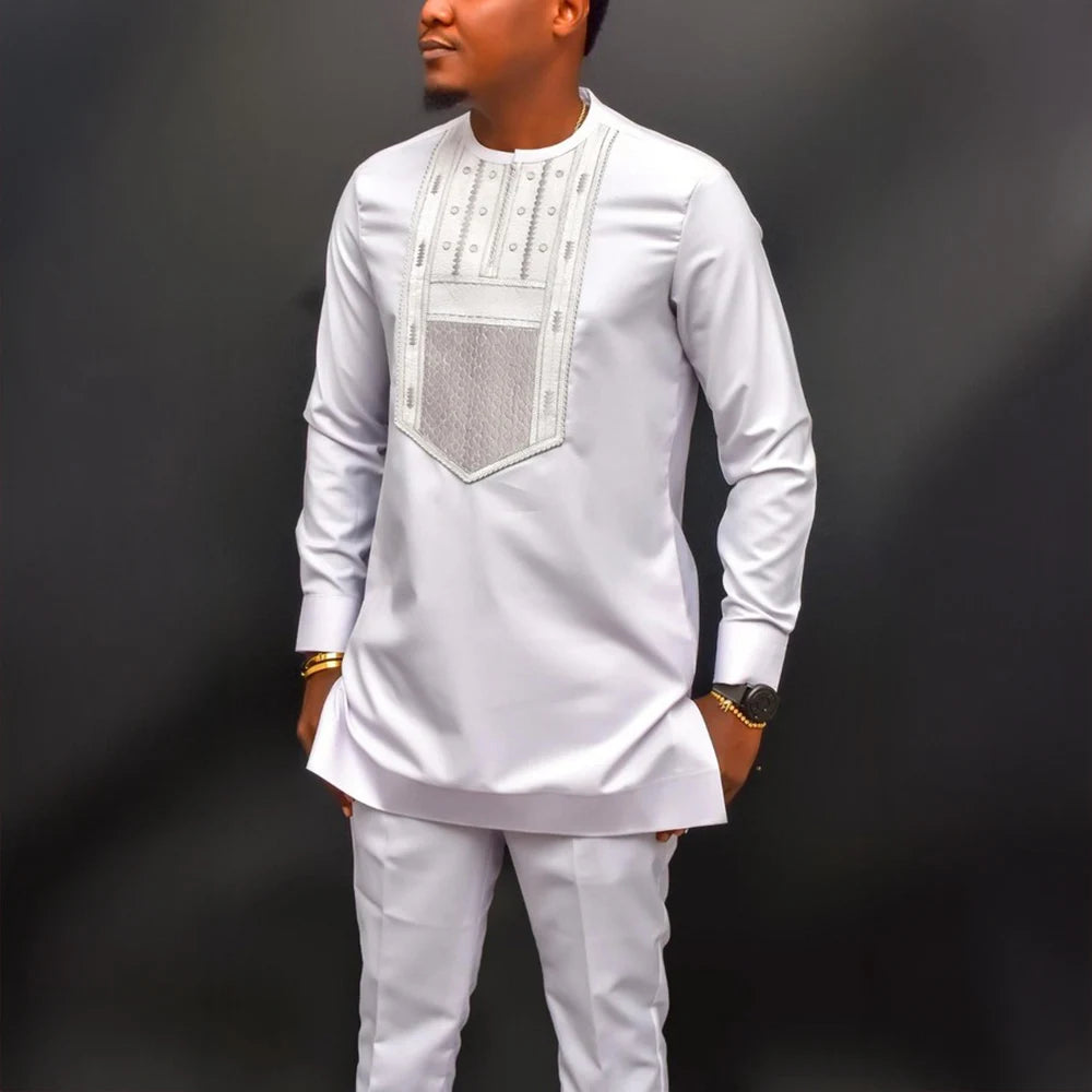 2025 hommes africains Dashiki à manches longues 2 pièces ensemble tenue traditionnelle afrique vêtements blanc hommes costume homme chemise pantalon costumes