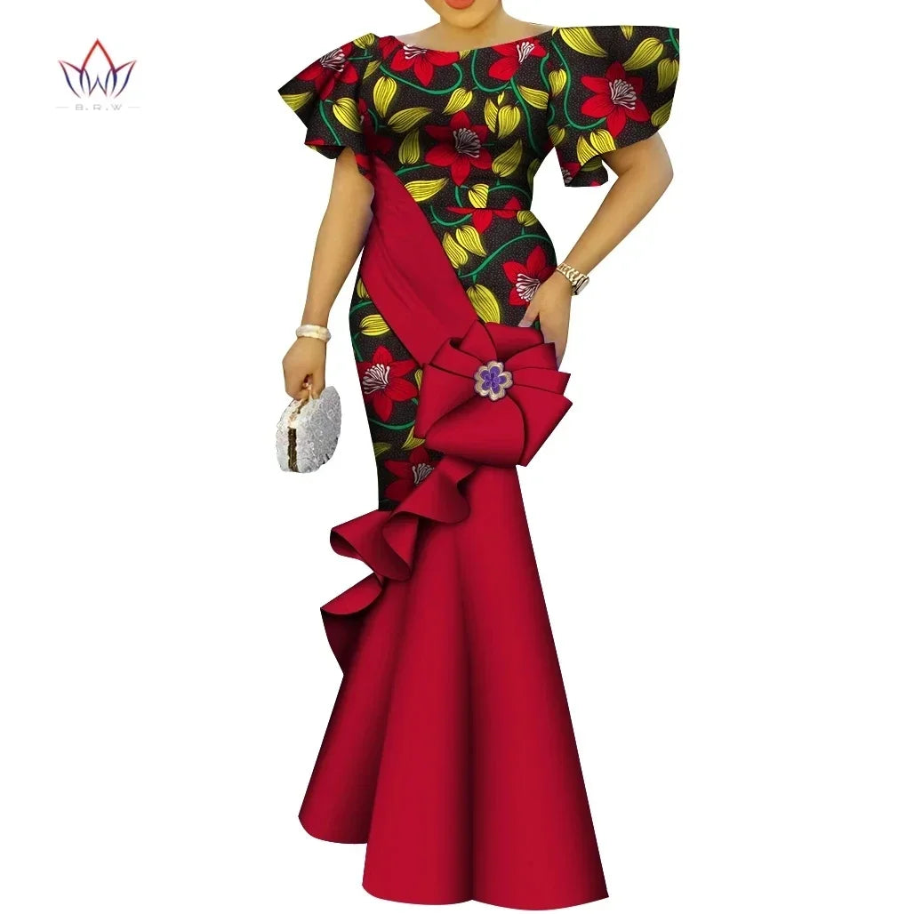 African Women's Dress Elegant Ladies Evening Gowns Ankara Long Robes Flower Dresses Vestidos Church Dresses for Women WY9498