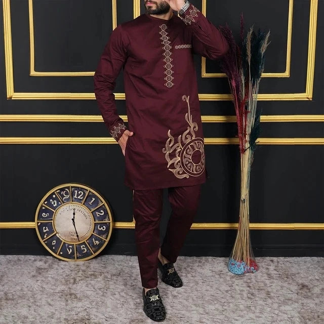 Vêtements pour hommes africains costume deux pièces pantalon ensemble col rond couture couleur unie manches longues Festival Style ethnique social