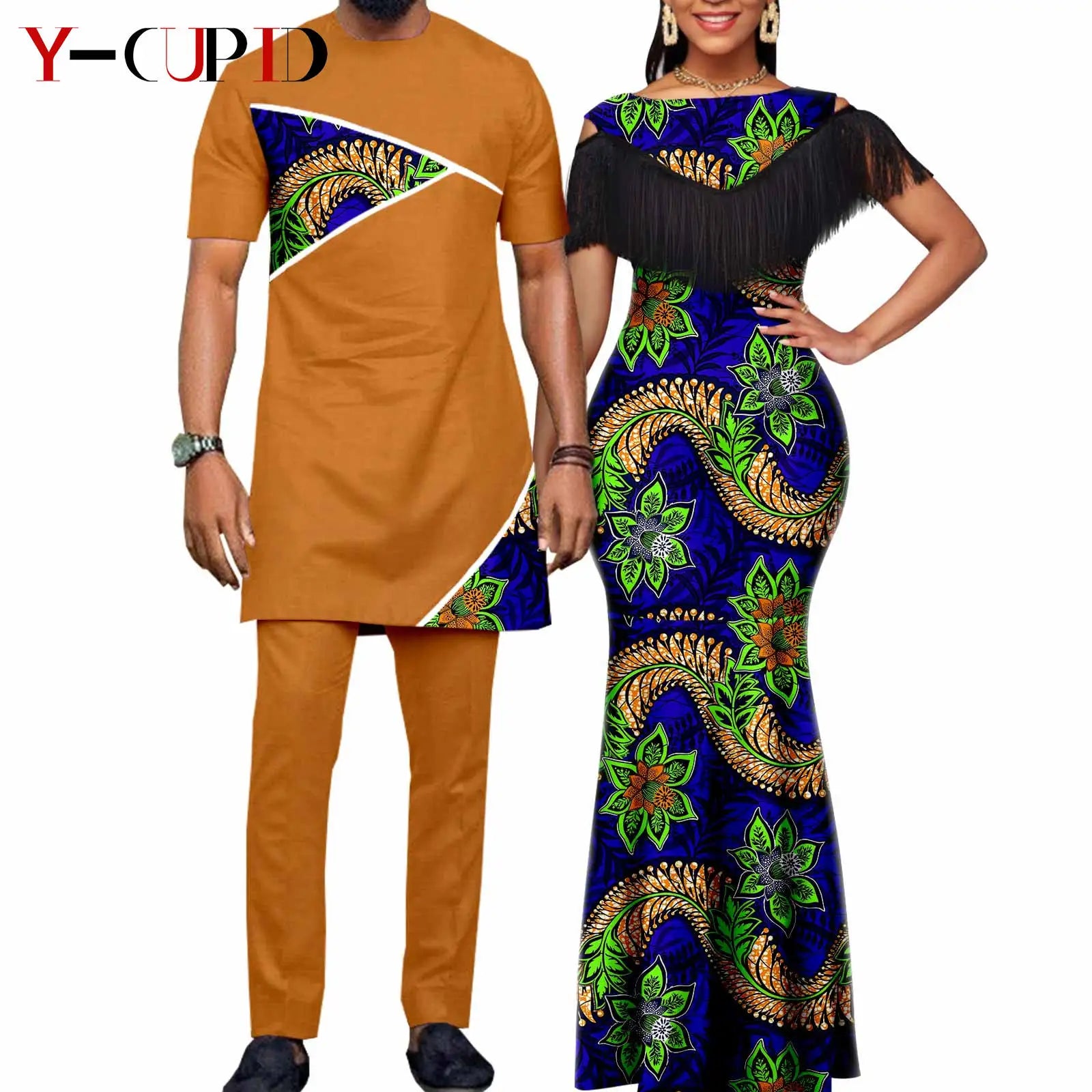 African Dresses for Women Matching Couple Outfits Bazin Riche Dashiki Slim Tassel Print Long Dresses for Party Vestidos Y23C009