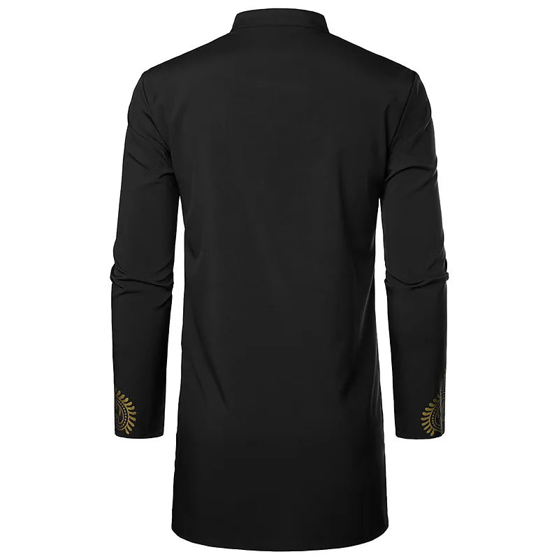 Abaya islamique arabe pour hommes Robe imprimé ethnique col montant chemise mi-longue pour jeunes manteau de luxe vêtements décontractés pour hommes musulmans à la mode