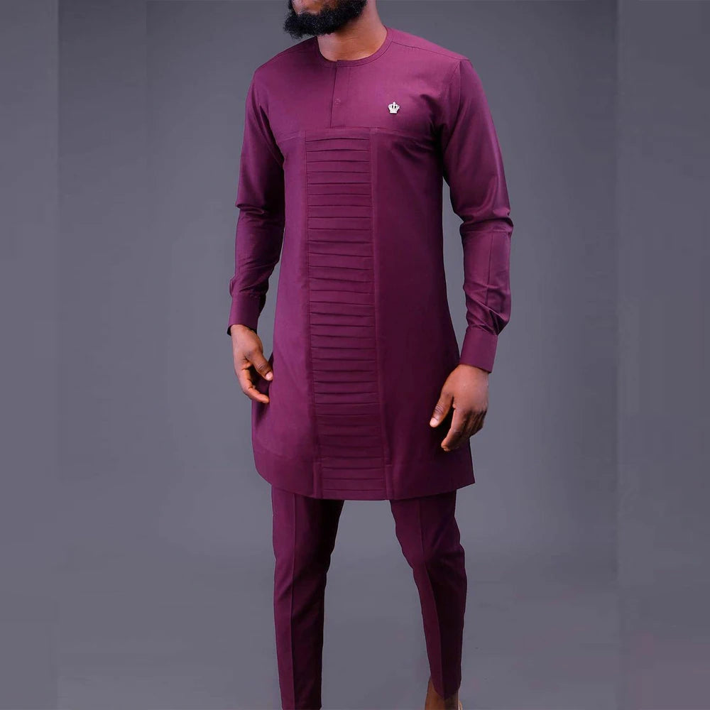 Vêtements pour hommes africains costume deux pièces pantalon ensemble col rond couture couleur unie manches longues Festival Style ethnique social