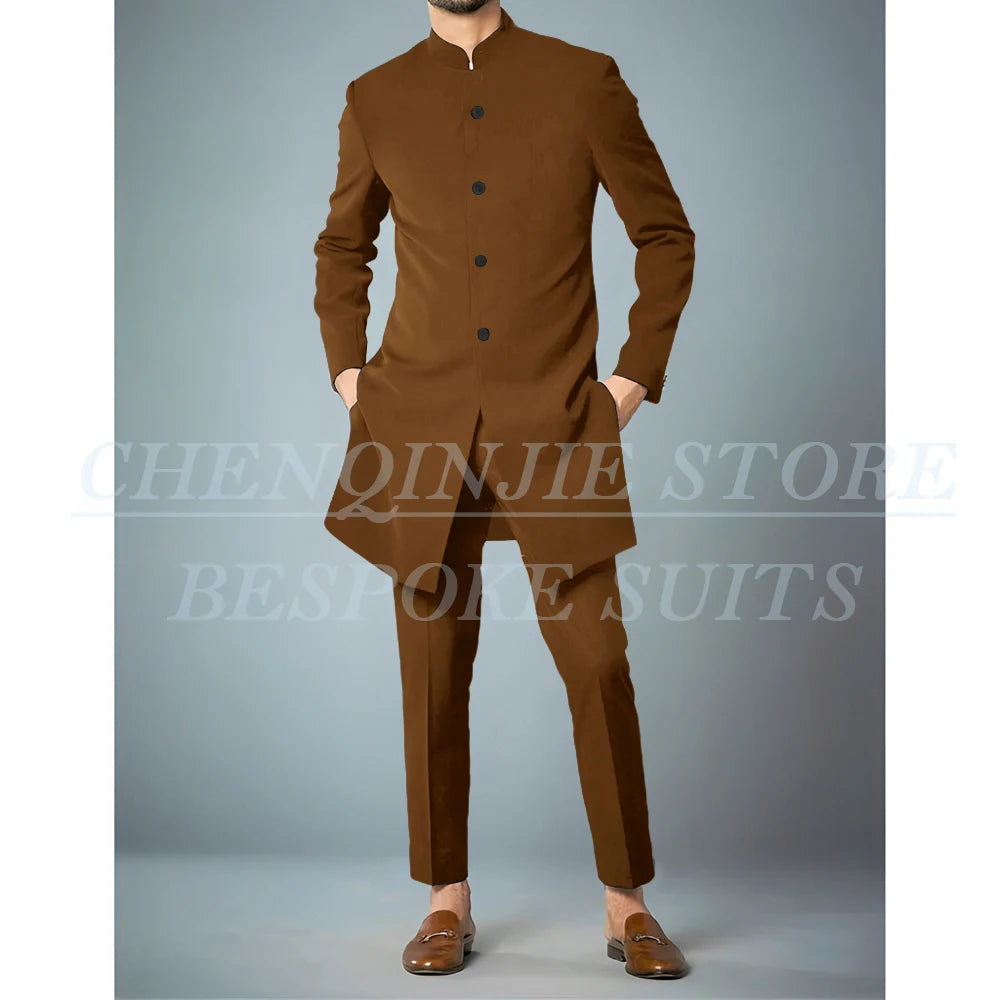 Costumes africains à simple boutonnage pour hommes, vêtements masculins de haute qualité, veste et pantalon, coupe couvertes, revers debout, bleu marine, tenues 2 pièces