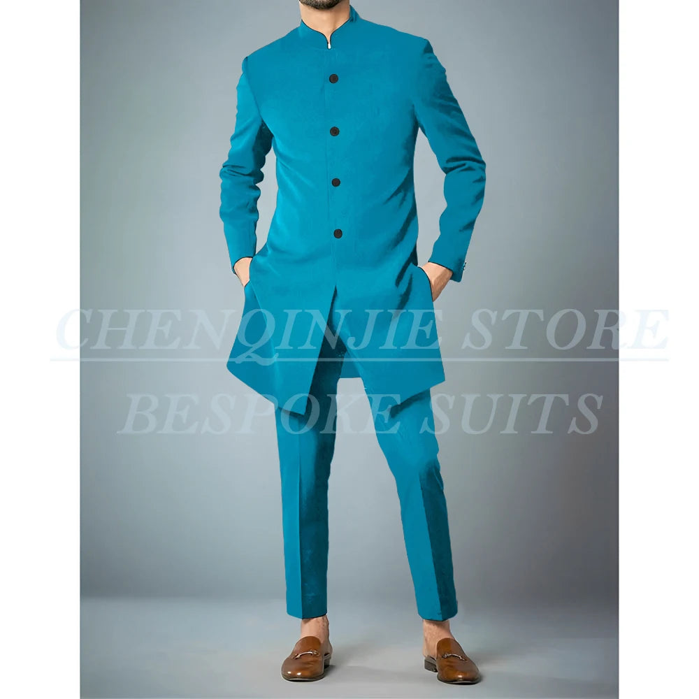 Costumes africains à simple boutonnage pour hommes, vêtements masculins de haute qualité, veste et pantalon, coupe couvertes, revers debout, bleu marine, tenues 2 pièces