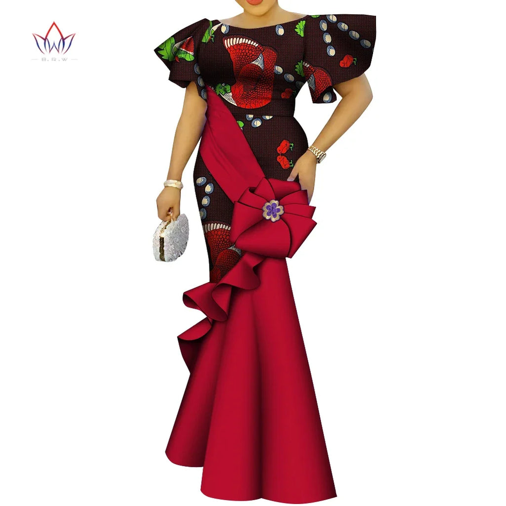 African Women's Dress Elegant Ladies Evening Gowns Ankara Long Robes Flower Dresses Vestidos Church Dresses for Women WY9498