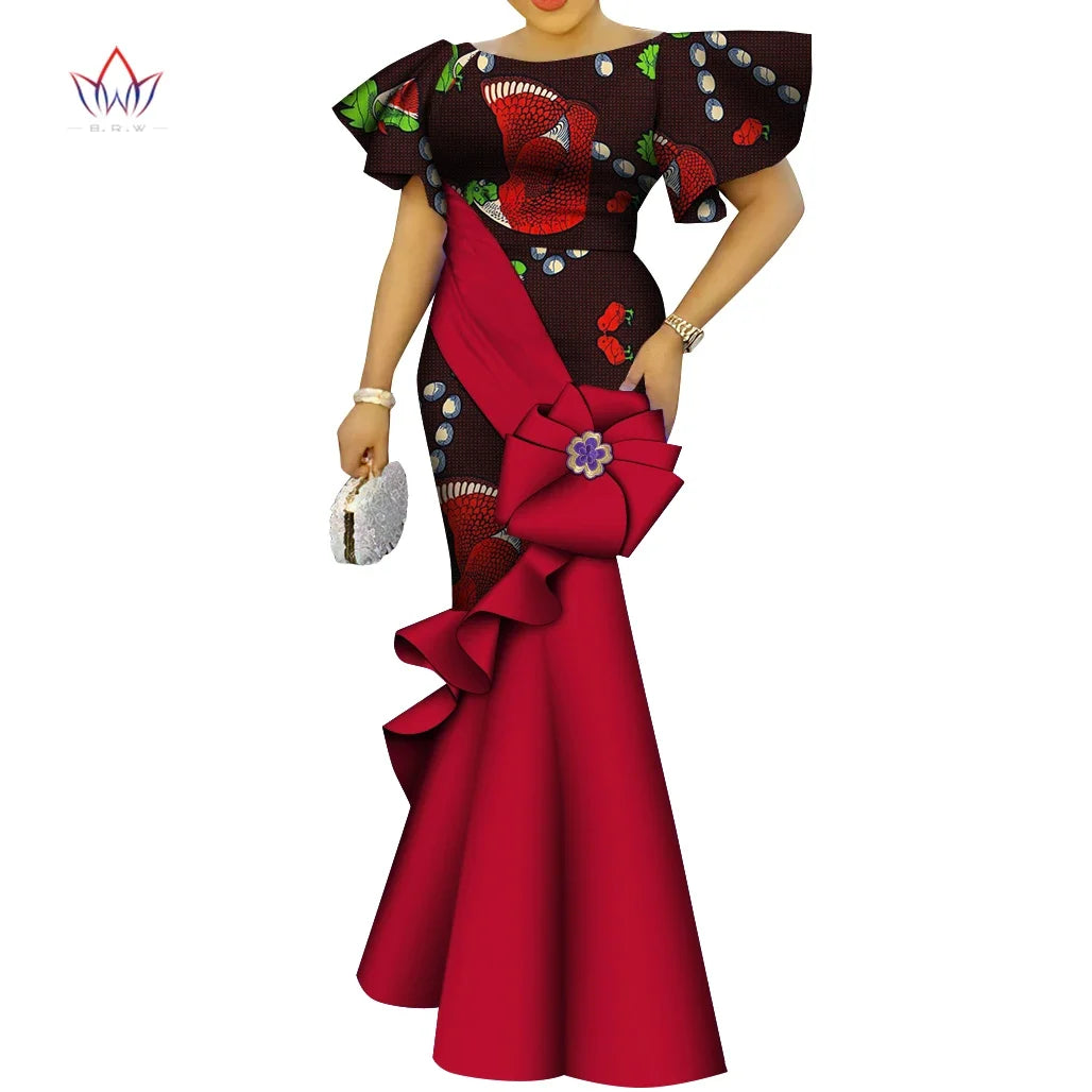 African Women's Dress Elegant Ladies Evening Gowns Ankara Long Robes Flower Dresses Vestidos Church Dresses for Women WY9498