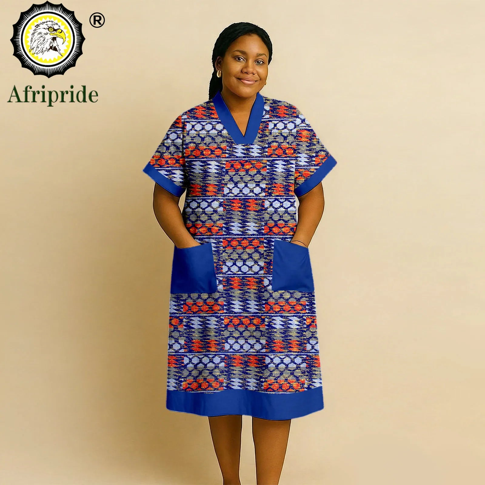 African Dresses for Women Short Sleeve V-Neck High Waist Pocket Elegant Fashion Ankara Attire Floral Printed Dresses 2625032