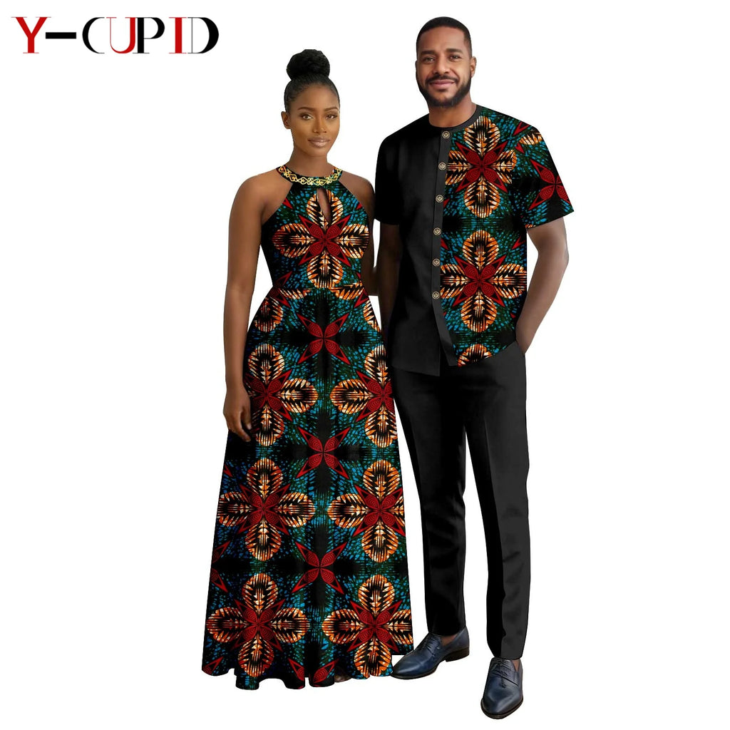 Robes africaines à imprimé Halter pour femmes, tenues assorties pour hommes, ensembles chemise et pantalon, vêtements de couple africains pour fête 26C005