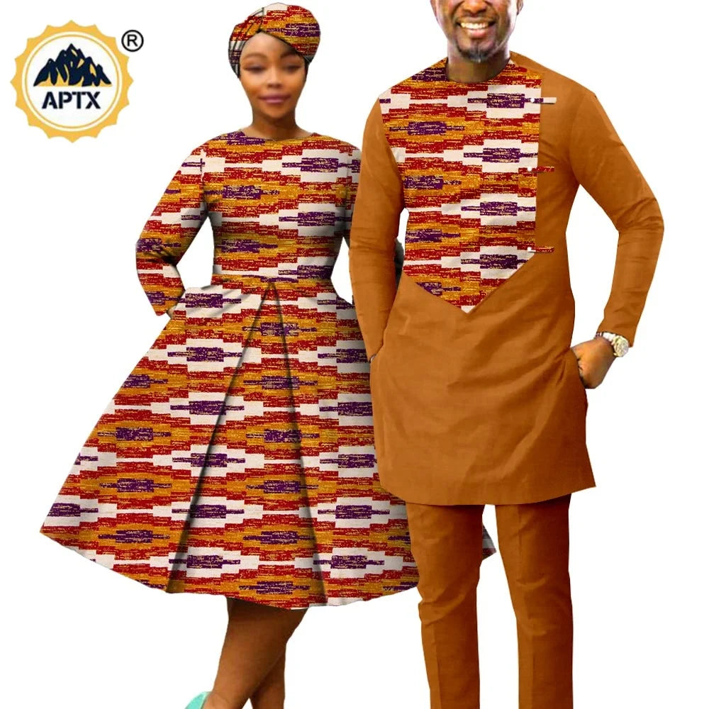 African Print Dresses for Women with Headwrap Matching Couple Outfits Men Patchwork Shirt and Pants Sets Africa Clothing Y22C075