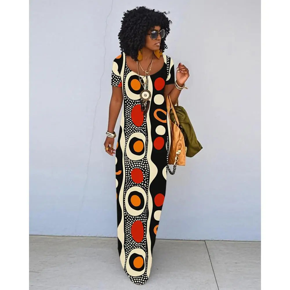 African Ethnic Print Dress For Women Summer Retro Literary Slim Dress Fashionable Daily Travel Loose Short-sleeved Long Dress