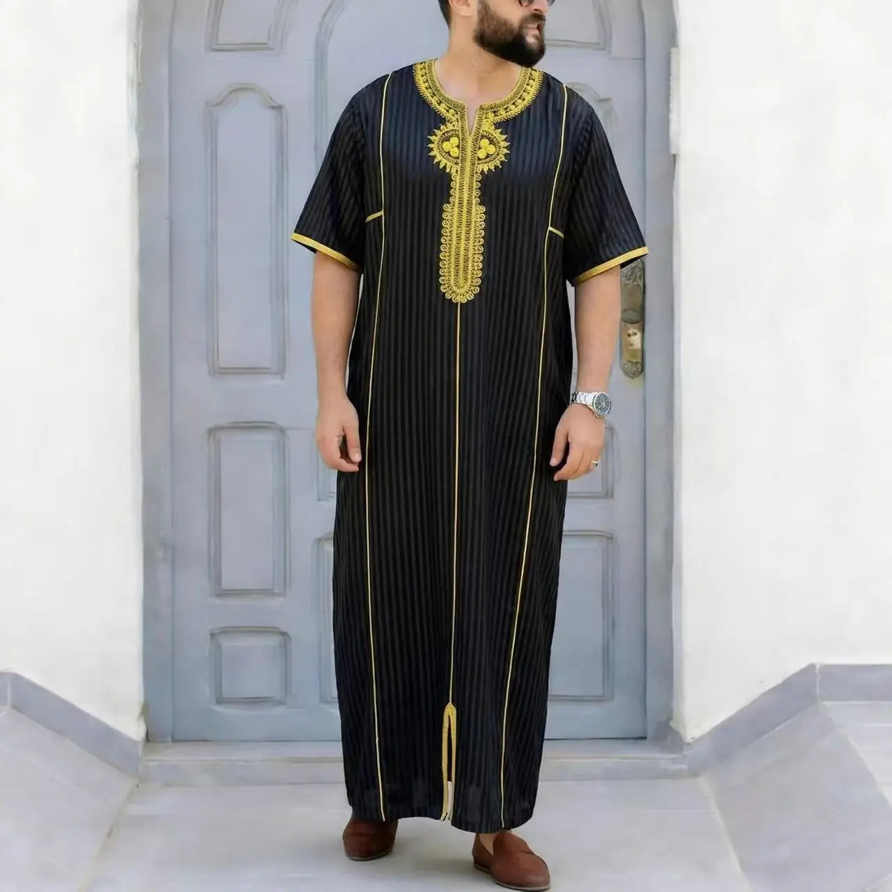 Gandoura marocaine pour hommes musulmans, thobe ample à manches courtes, broderie magnifique, vêtements traditionnels islamiques confortables pour hommes, pour les fêtes