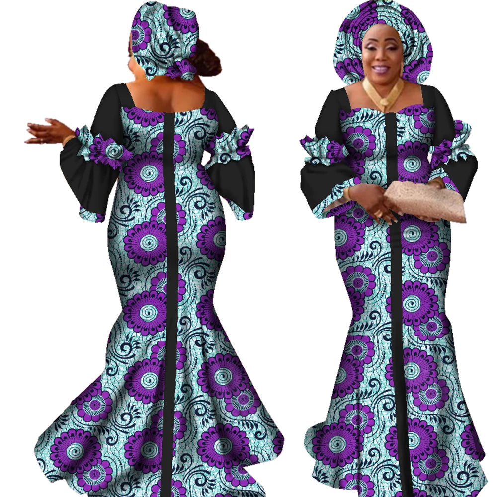 African Dresses for Women Fashion Design New African Bazin Fashion Design Dress Long Dress with Scarf African Clothes WY2347