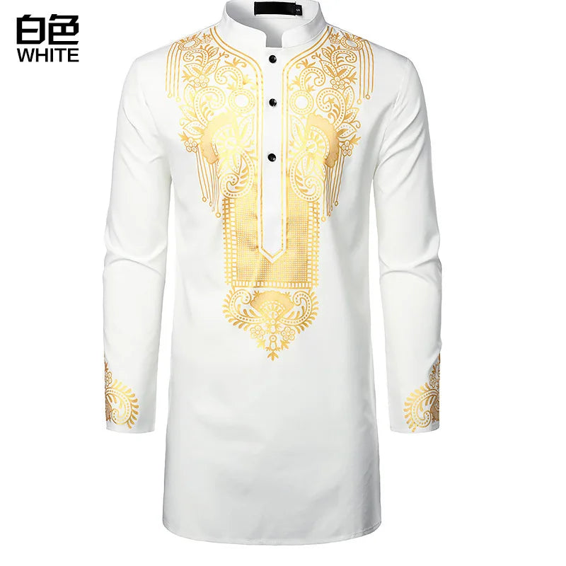 Abaya islamique arabe pour hommes Robe imprimé ethnique col montant chemise mi-longue pour jeunes manteau de luxe vêtements décontractés pour hommes musulmans à la mode
