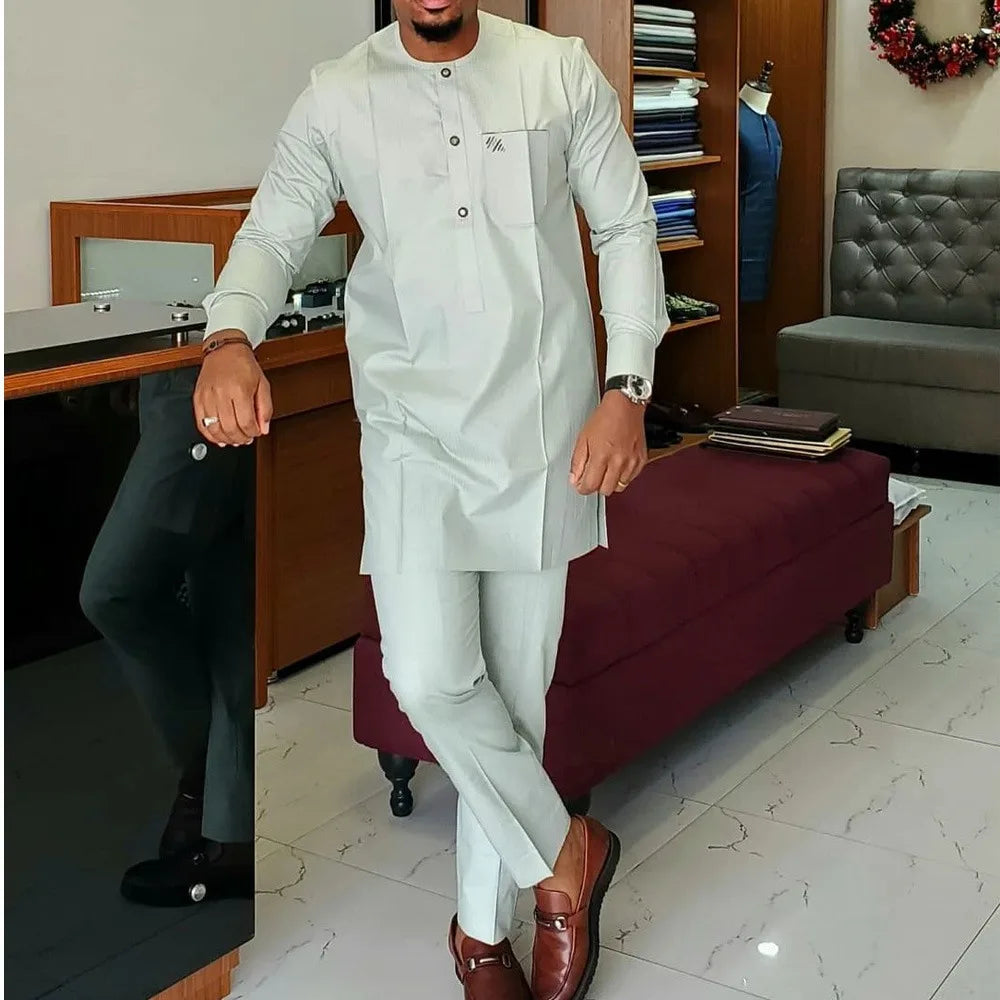 Vêtements pour hommes africains costume deux pièces pantalon ensemble col rond couture couleur unie manches longues Festival Style ethnique social