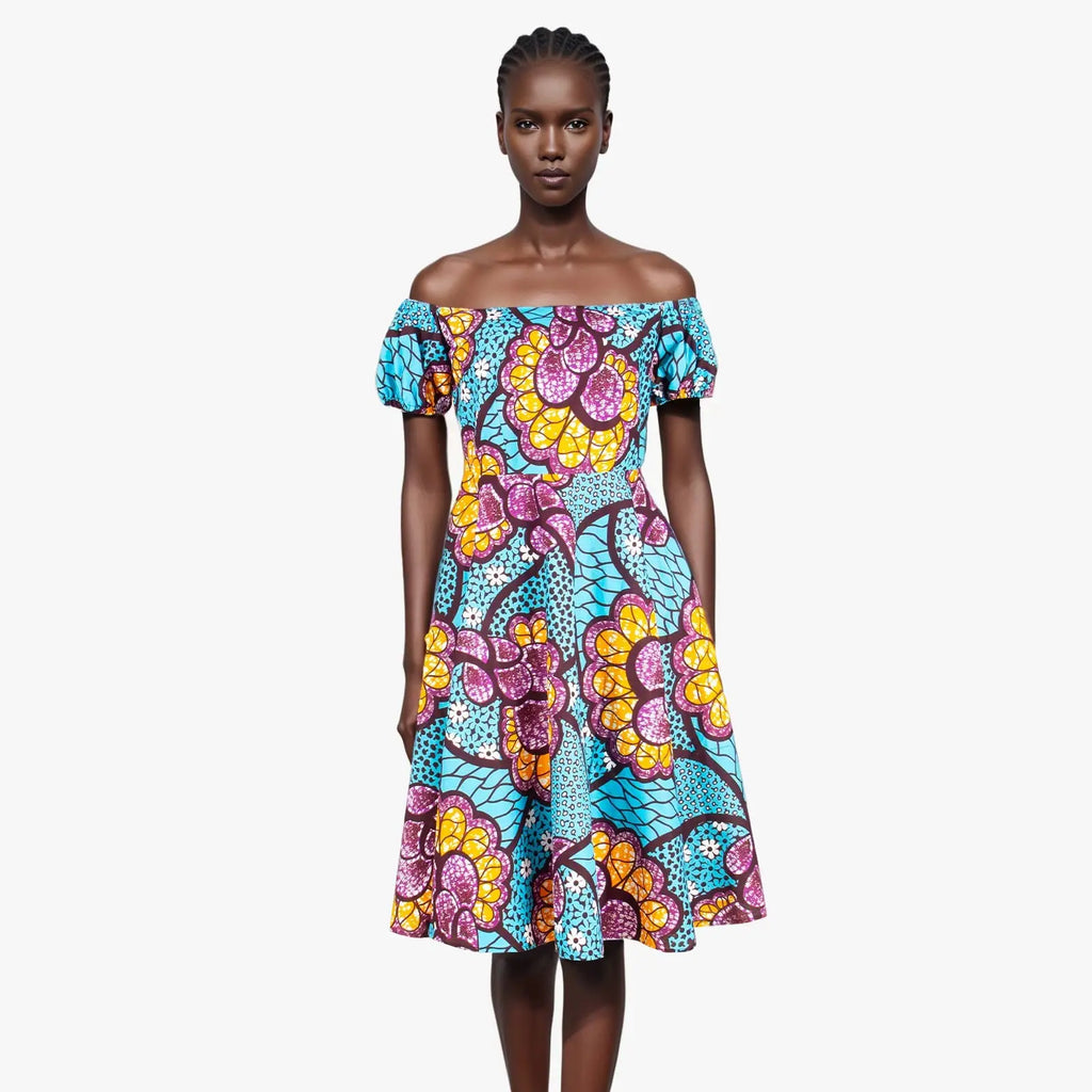 African Dresses for Women Short Sleeve High Waist Print Midi Dress Ankara Attire Traditional Outfit Elegant Fashion Wear 2425102