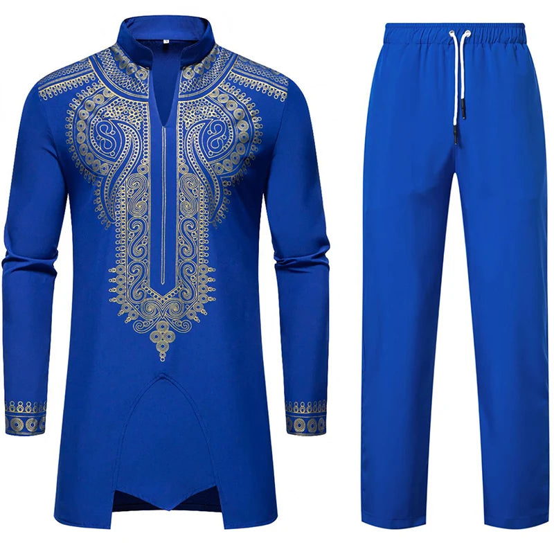Ensemble de Robe imprimé africain à col montant pour hommes, noir/blanc, tenue de chef Tribal du moyen-orient de saphir, haut + pantalon, 2 pièces, 2026