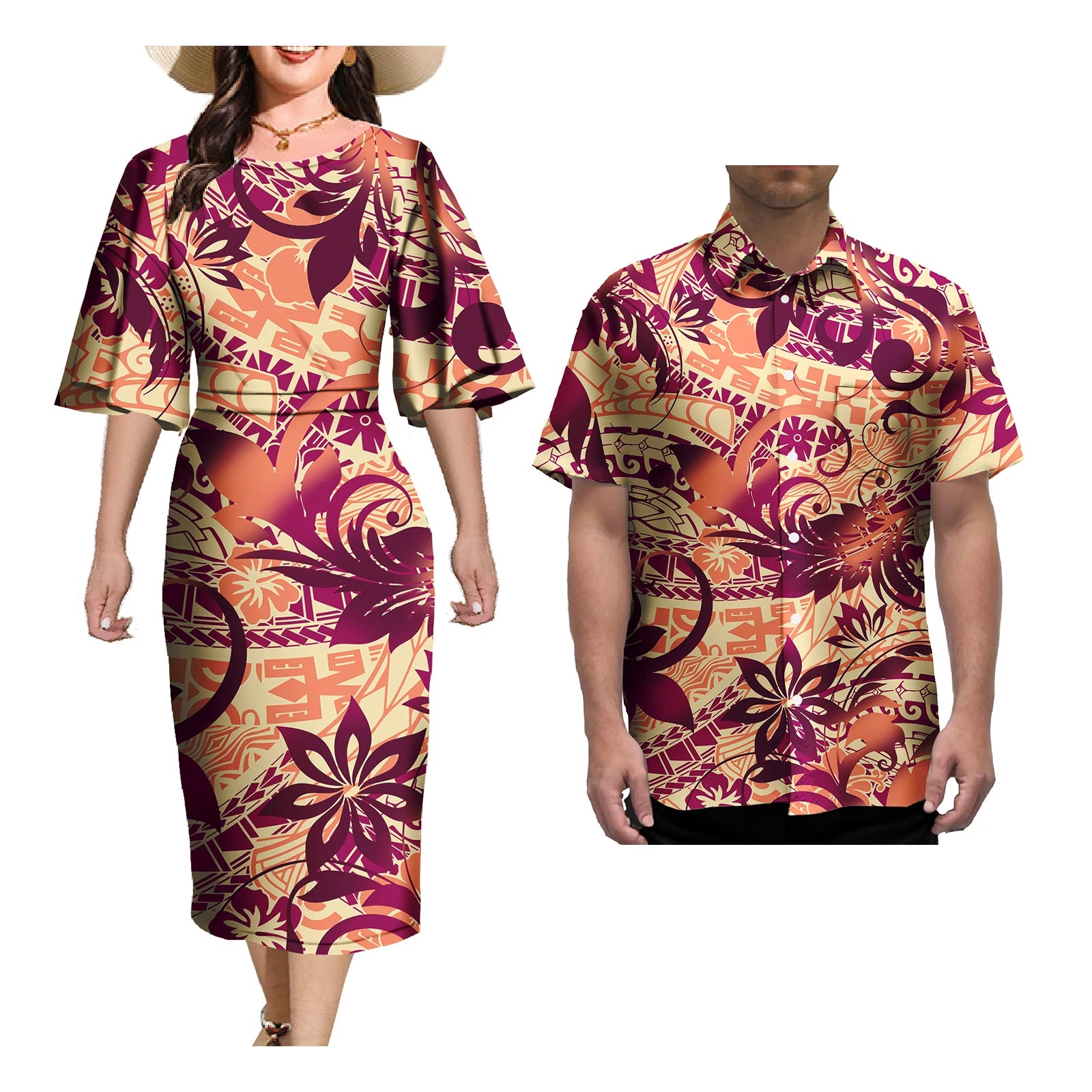 Ensemble de Tenue de Couple pour Femme et Homme, Robes Élégantes, Jupe Sexy, Tatouage Samoa, Imprimé, Décontracté, Assortie