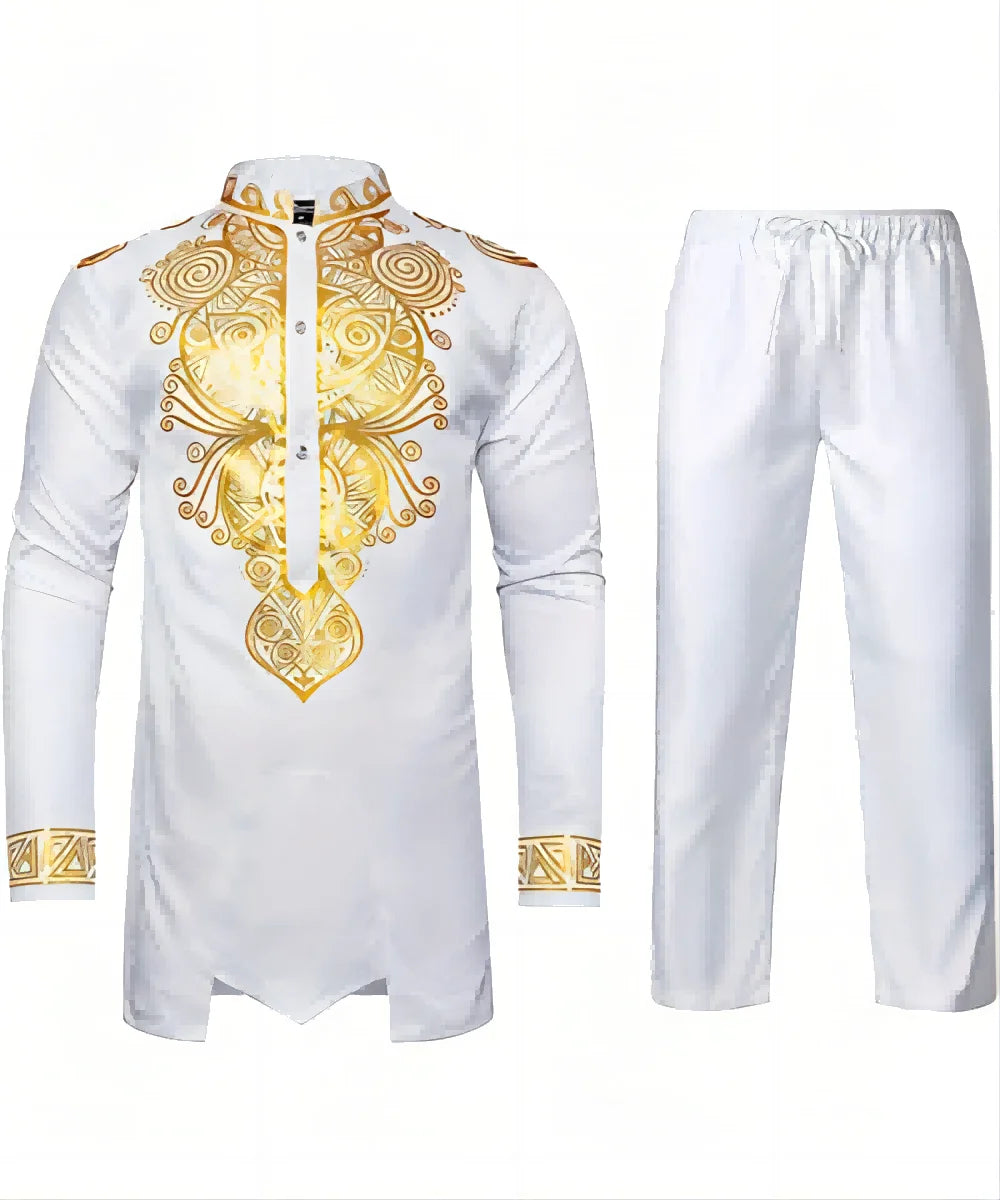 Chemise africaine à manches longues pour hommes, chemise à col chinois imprimé en métal doré, ensemble deux pièces pour Festival National traditionnel de mariage
