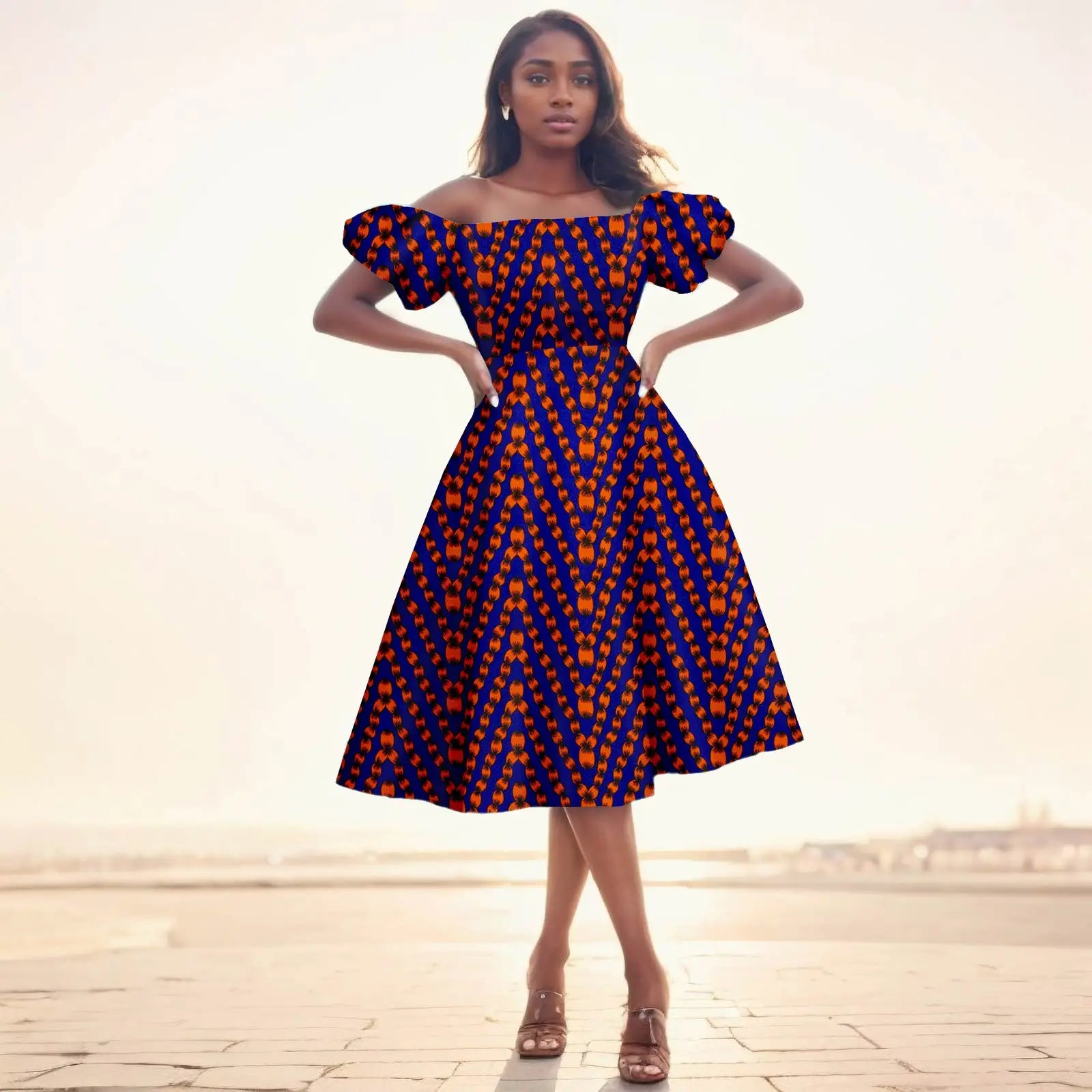 African Dresses for Women Short Sleeve High Waist Print Midi Dress Ankara Attire Traditional Outfit Elegant Fashion Wear 2425102