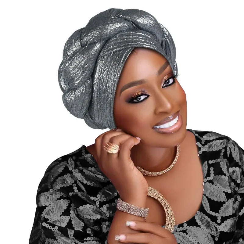 Auto Gele-Turban Africain pour Femme Musulmane, Cravate de Sauna, Chapeau Rond Plissé, Hijab Aso Oke NigWin, Foulard de Tête