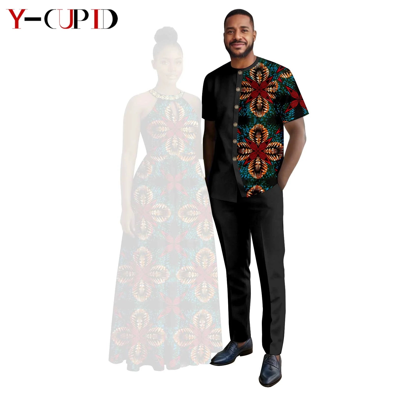 Robes africaines à imprimé Halter pour femmes, tenues assorties pour hommes, ensembles chemise et pantalon, vêtements de couple africains pour fête 26C005
