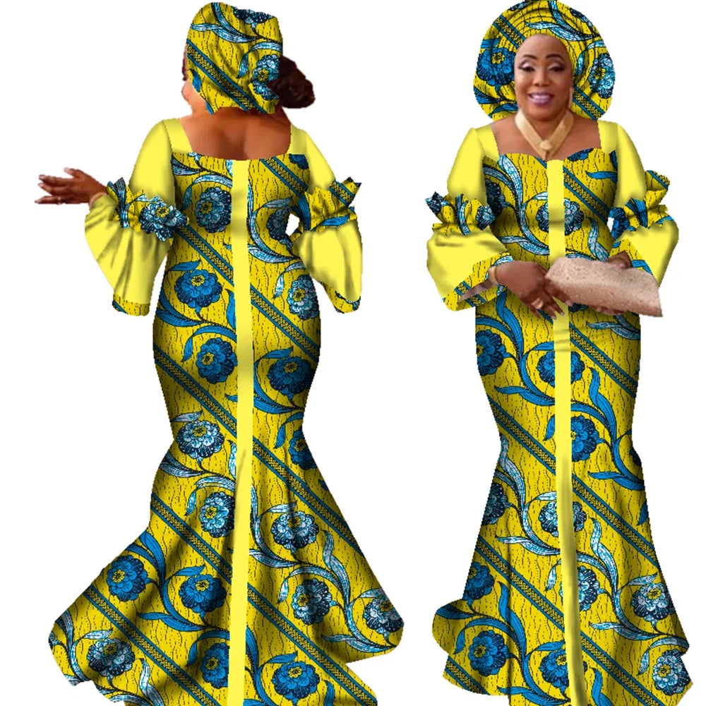 African Dresses for Women Fashion Design New African Bazin Fashion Design Dress Long Dress with Scarf African Clothes WY2347