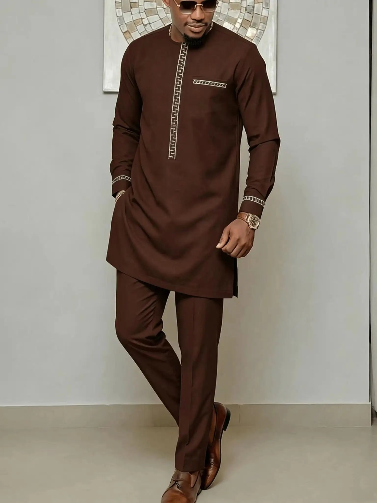 Costume traditionnel africain pour homme, chemise à manches longues de style ethnique imprimée et patchwork, pantalon décontracté, ensemble 2 pièces pour les vacances