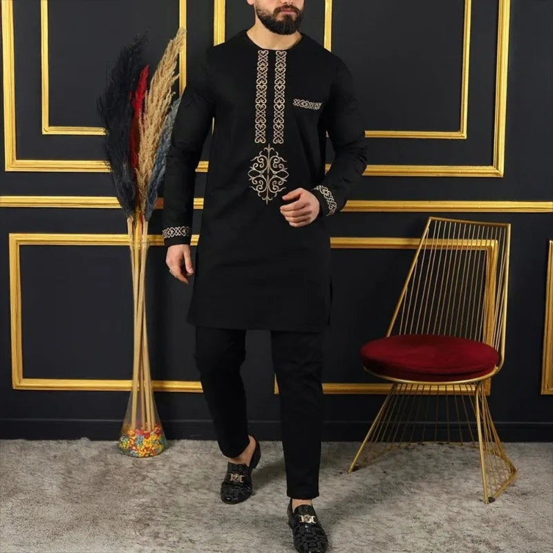 Costume de mariage traditionnel africain musulman pour homme, ensemble 2 pièces, haut à col rond à manches longues et pantalon, tenue formelle pour le marié118